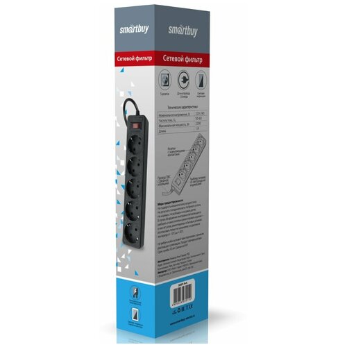 Сетевой фильтр Luazon Lighting, 5 розеток, 5 м, 2200 Вт, 3 х 0.75 мм2, 10 А, 220 В, черный