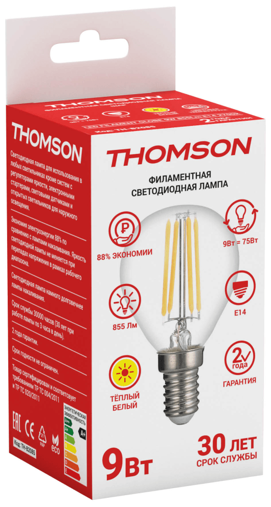 Лампа филаментная Thomson E14, шар, 9Вт, TH-B2085, одна шт.