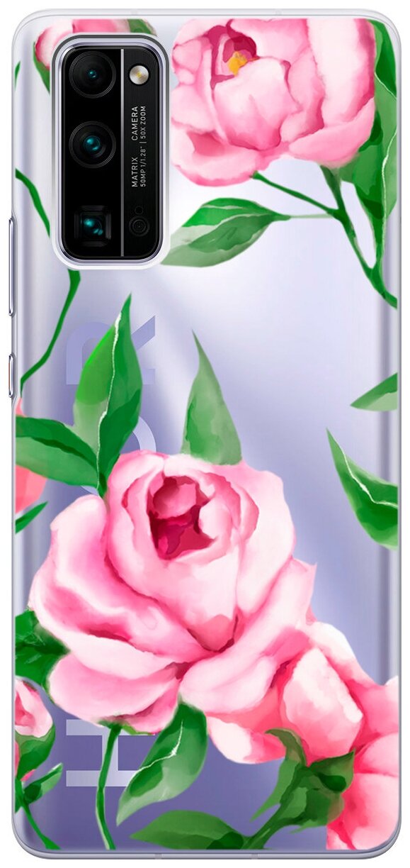 Силиконовый чехол на Honor 30 Pro+ / Хонор 30 Про Плюс с 3D принтом "Amazing Peonies" прозрачный