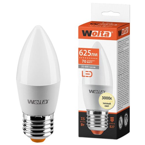 Лампа Wolta свеча 7.5 Вт LED, 3000K, 25YC7.5E27