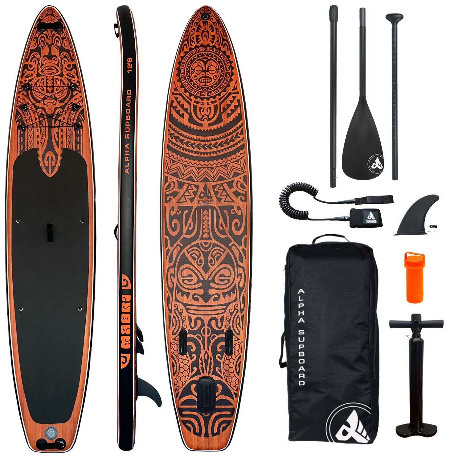 Надувная SUP-доска Alpha Supboard MAORI-12.6 WOOD (385 x 81 x 15 см) с насосом веслом и страховочным лишем