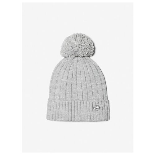 Шапка Michael Kors серая с помпоном и металлическим лого на отвороте MICHAEL KORS GREY BEANIE WITH POM