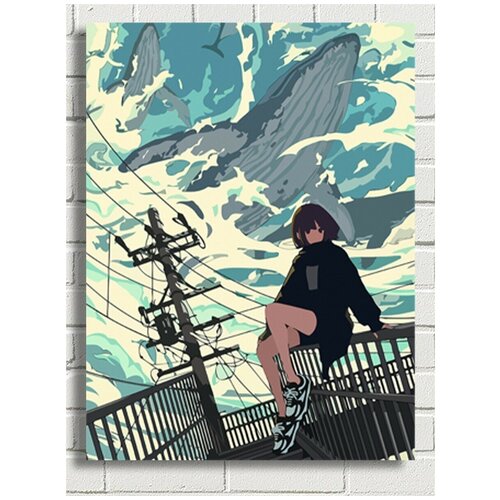 картина по номерам мост в облака 30x40 см Картина по номерам аниме пейзаж (девушка, кит, небо, облака) - 8268 В 30x40