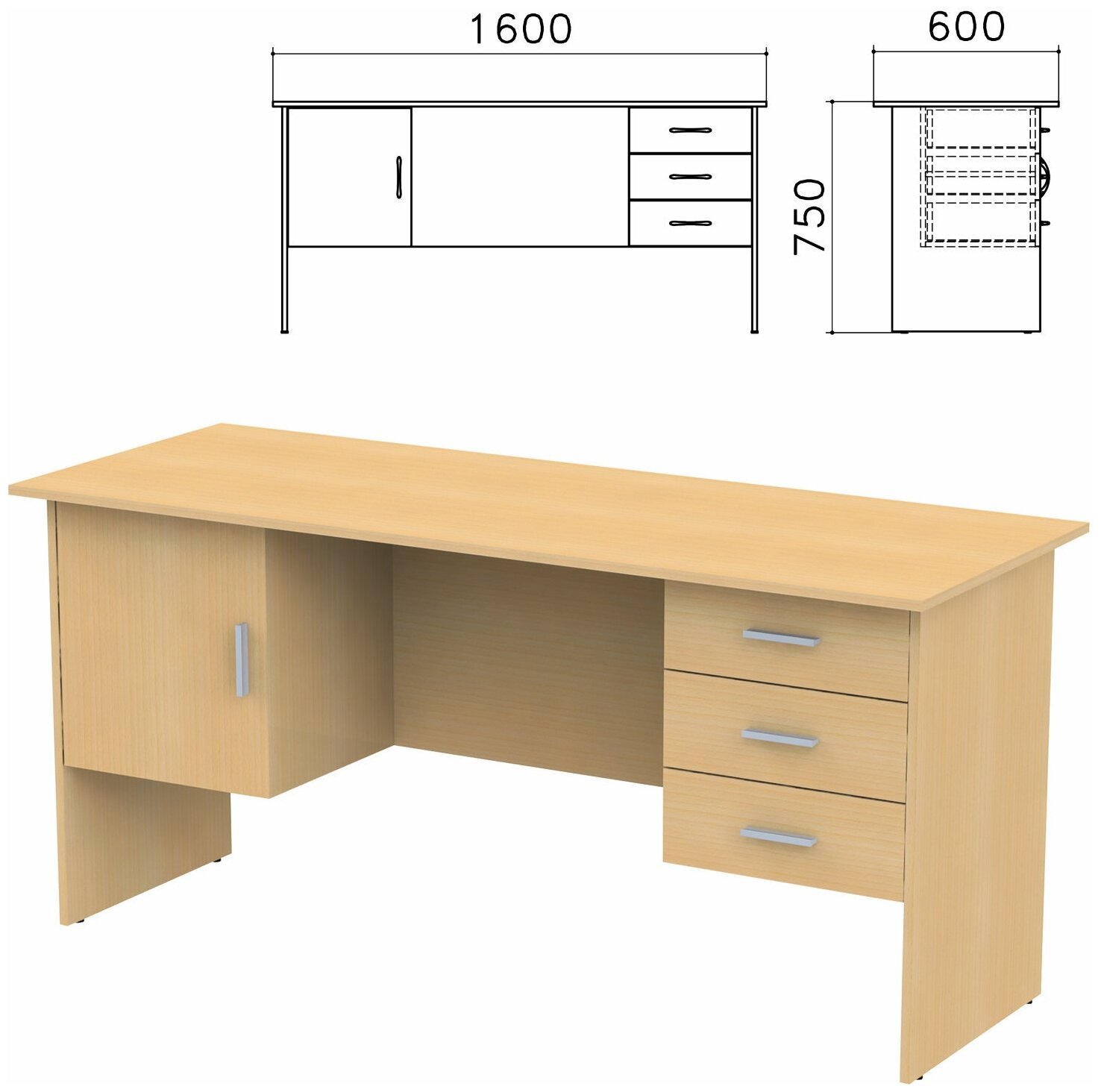 Стол письменный "Канц", 1600х600х750 мм, 2 тумбы, комбинированный, цвет бук невский, СК29.10 - 1 шт.