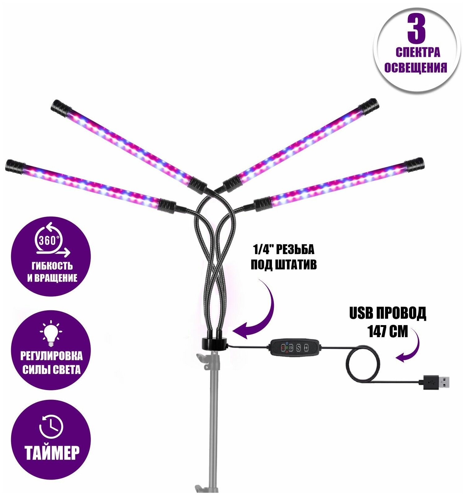 Фитолампа светодиодная, светильник для растений с креплением на штатив с резьбой 1/4’’ и пультом на проводе, 4 панели