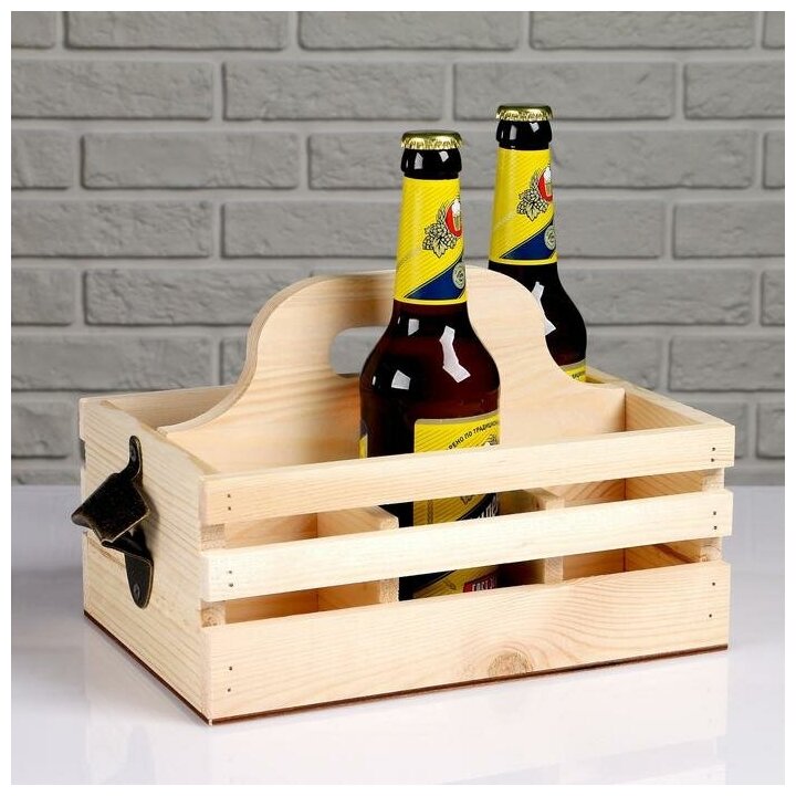 Ящик для пива 27×18×18.5 см с открывашкой, под 6 бутылок, деревянный - фотография № 1
