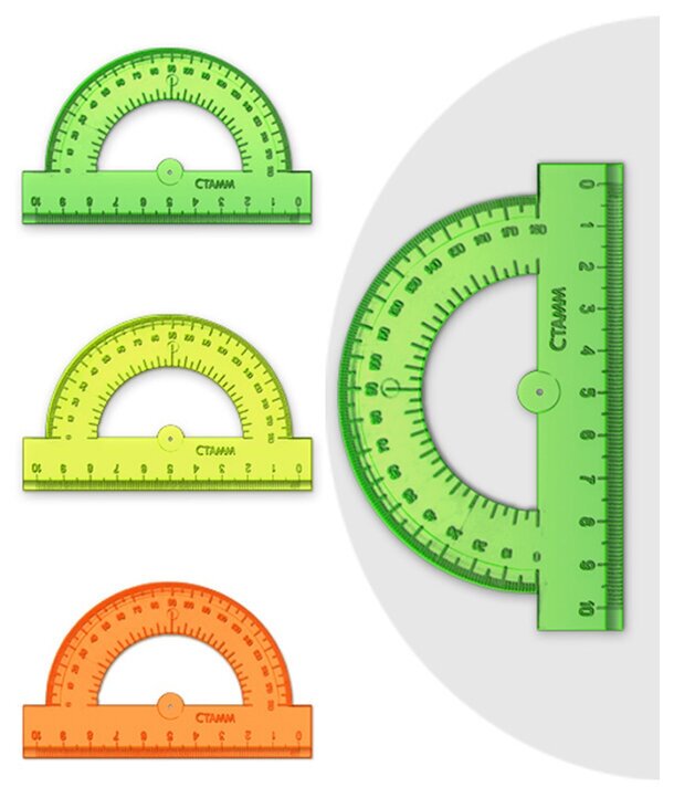 Транспортир 10 см, 180 градусов СТАММ, пластиковый, отливная шкала, прозрачный, неоновые цвета, 3 шт