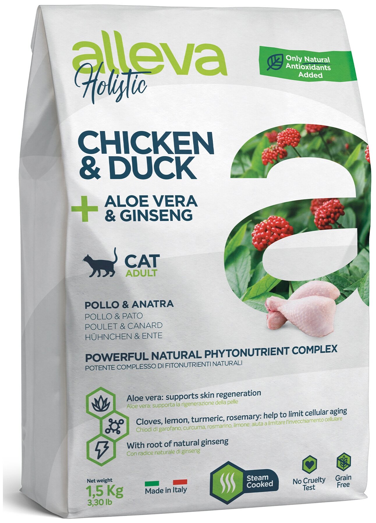 Корм Alleva Holistic Cat Adult Chicken & Duck для кошек, курица, утка, алоэ вера и женьшень, 1.5 кг