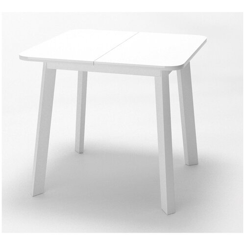 Стол Dikline UNIS 14 раздвижной 80(117)х80 см, обеденный кухонный, квадрат, рама металл, скругл. углы, поверхн. стекло белое/опоры металл белые