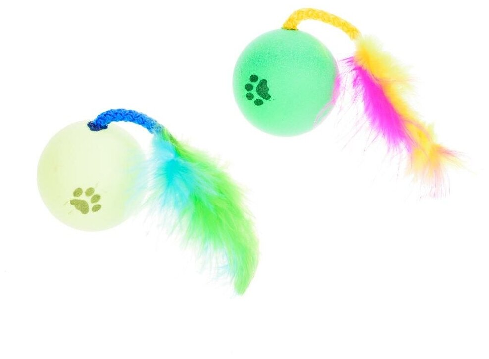 Pet Hobby Игрушка для кошек Мячик с хвостиком и с пером гремящий, 4 см (2шт)