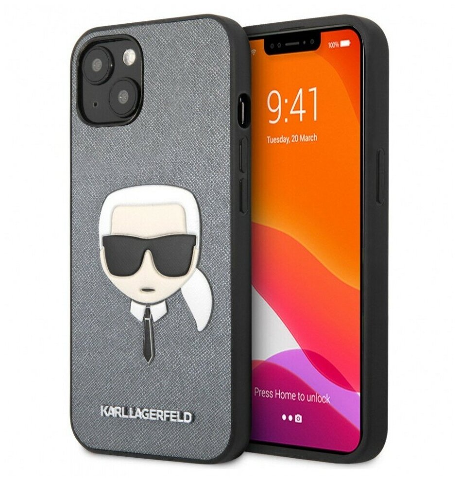 Lagerfeld для iPhone 13 чехол PU Saffiano Karl's Head Hard Silver