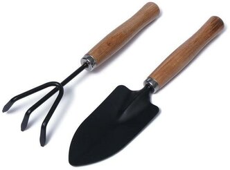 Набор садового инструмента, 2 предмета: рыxлитель, совок, длина 26 см, деревянные ручки