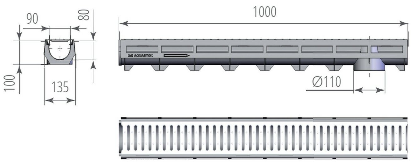 Лоток AQUA-TOP DN90 H100 A15 1000*135*100 с оцинкованной решеткой (комплект) (1091н) - фотография № 2
