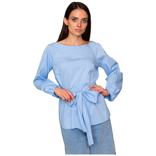 Блуза  ONateJ, классический стиль, полуприлегающий силуэт, длинный рукав, однотонная, размер 48-50, голубой