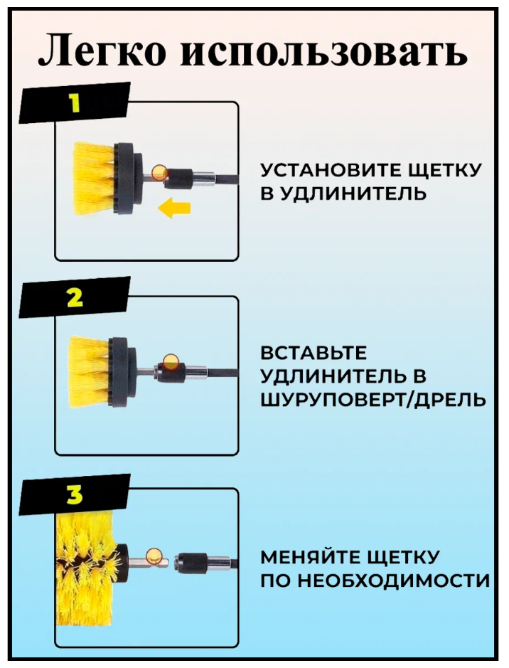 Набор щеток насадок на дрель, шуруповерт, щётка для дрели и шуруповерта для химчистки, уборки (3 предмета) + удлинитель