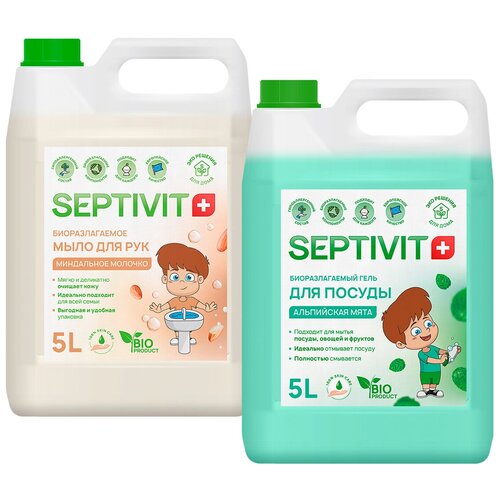 Жидкое мыло для рук SEPTIVIT Premium/средство для посуды/Набор мыло миндальное молочко + средство для посуды альпийская мята/2 шт. х 5 литров
