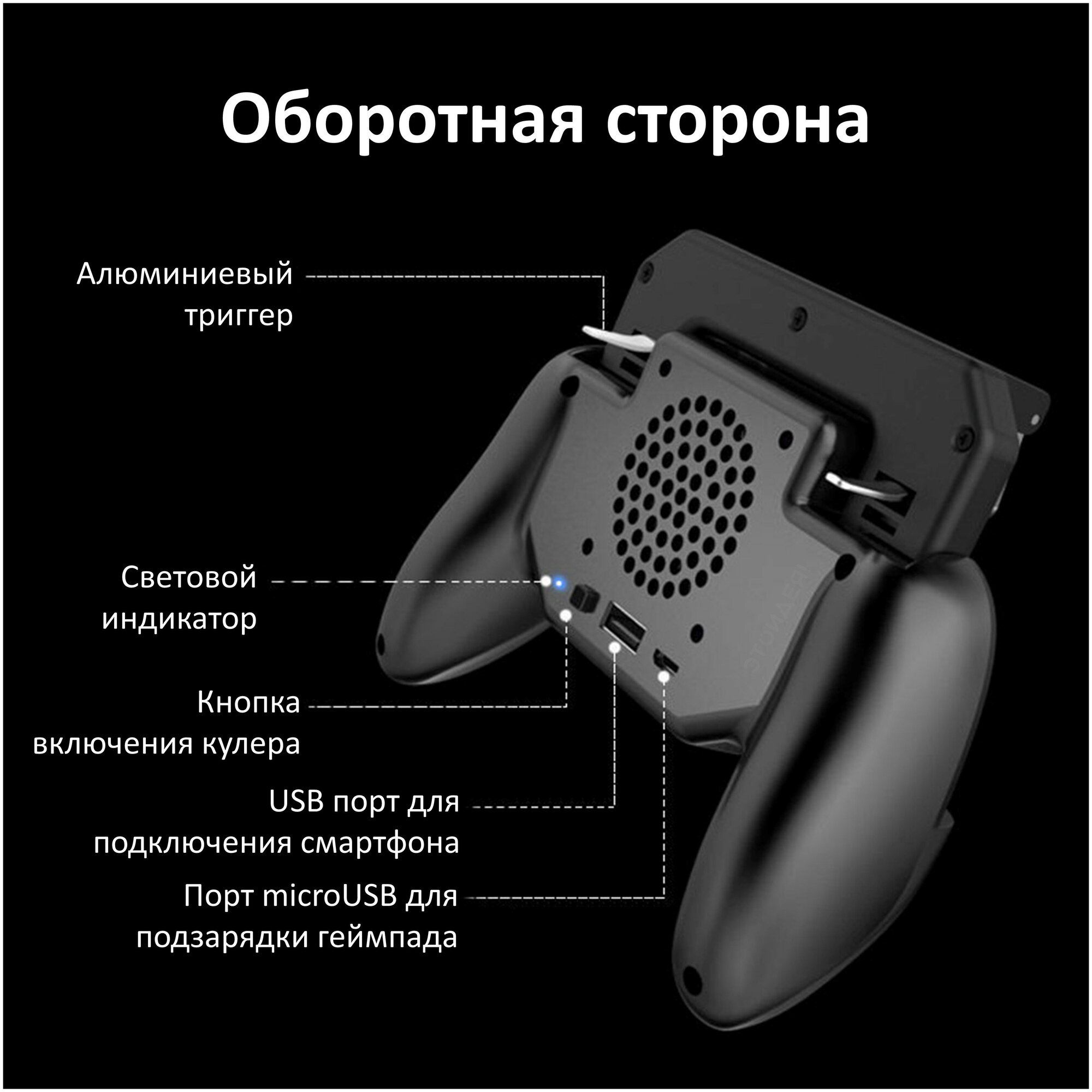 Мобильный игровой геймпад для смартфона со встроенным кулером и аккумулятором 2000 мАч, черный / 2 алюминиевых триггера