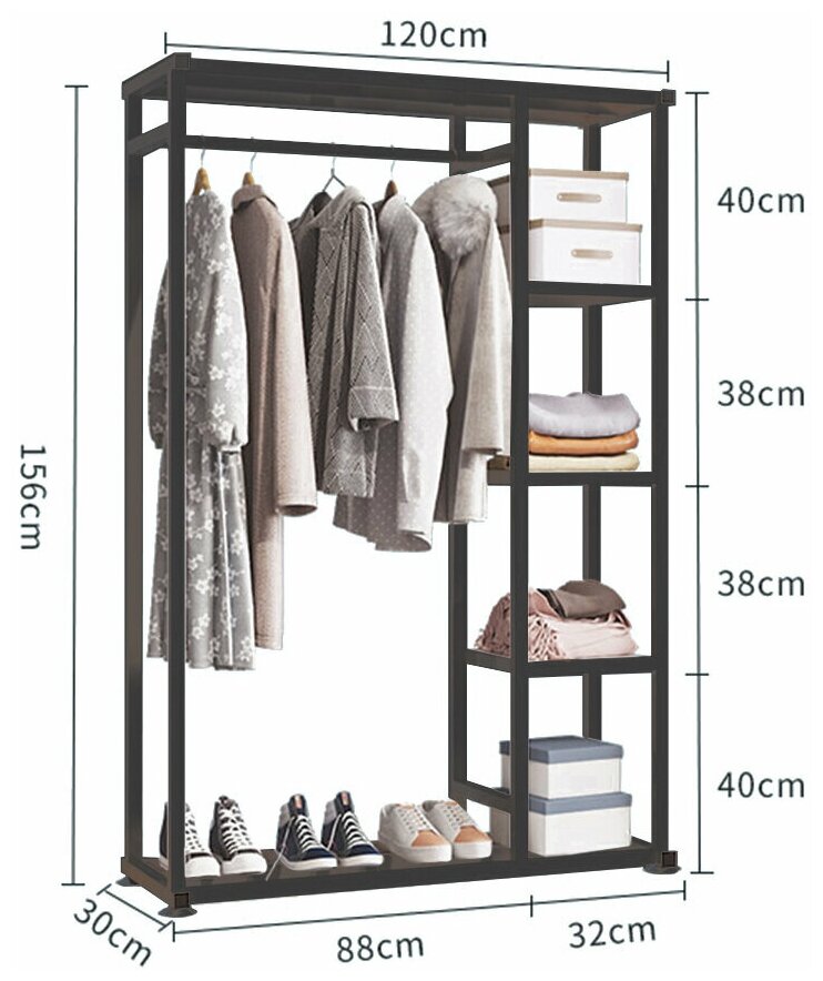 Вешалка напольная для одежды и обуви, стальная с полками и одной перекладиной, 156х120х30 см, черный - фотография № 3