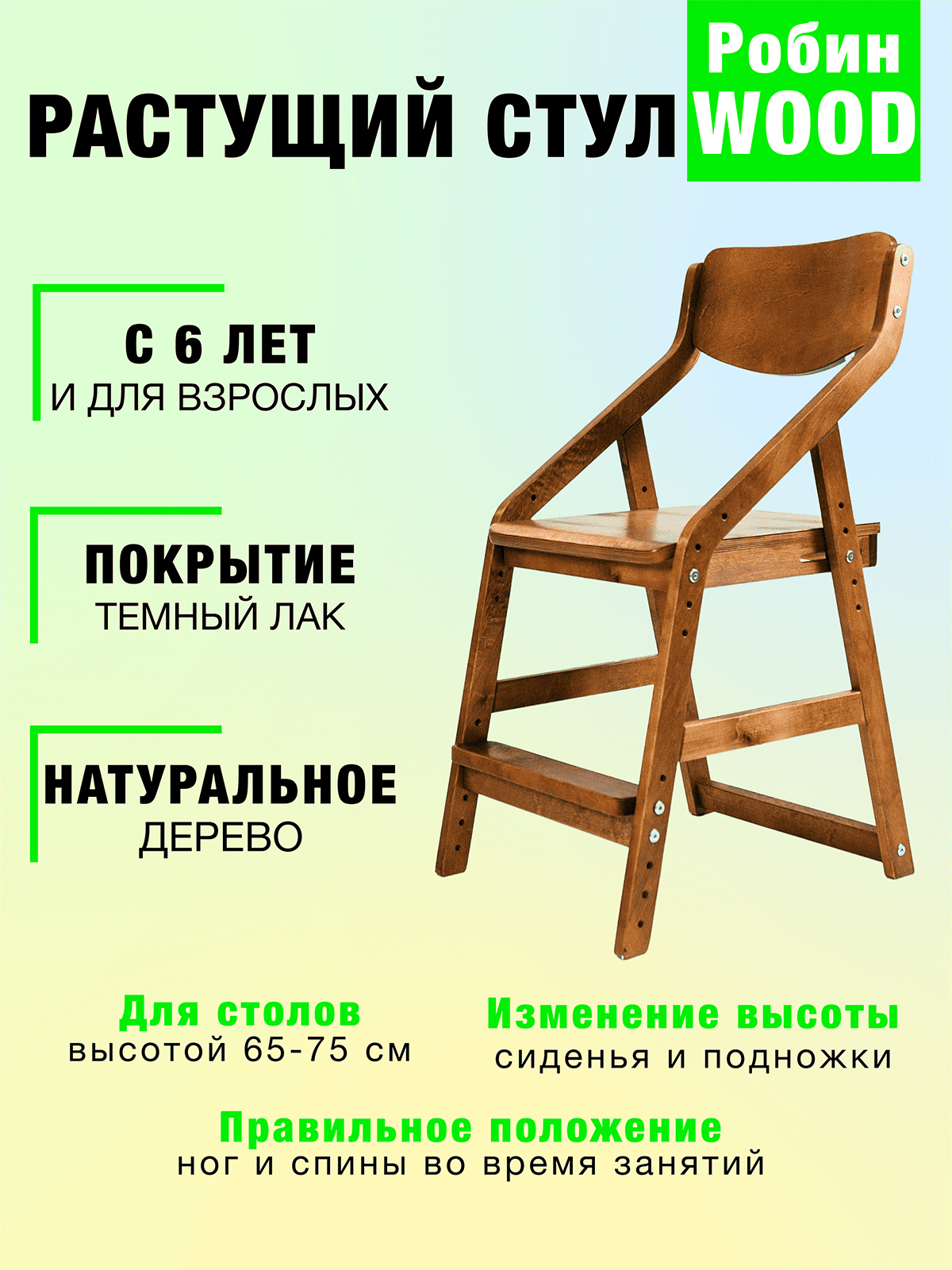 Стул детский регулируемый по высоте для школьника "Робин WOOD" Шимо тёмный