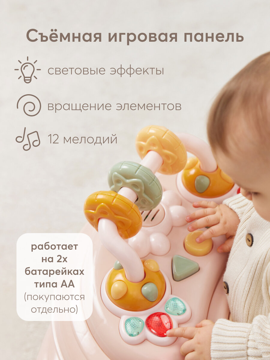 Ходунки детские Happy Baby SMILEY V2, с игровой панелью, 12 мелодий, регулировка сиденья, силиконовые колесики, розовые — фото 1