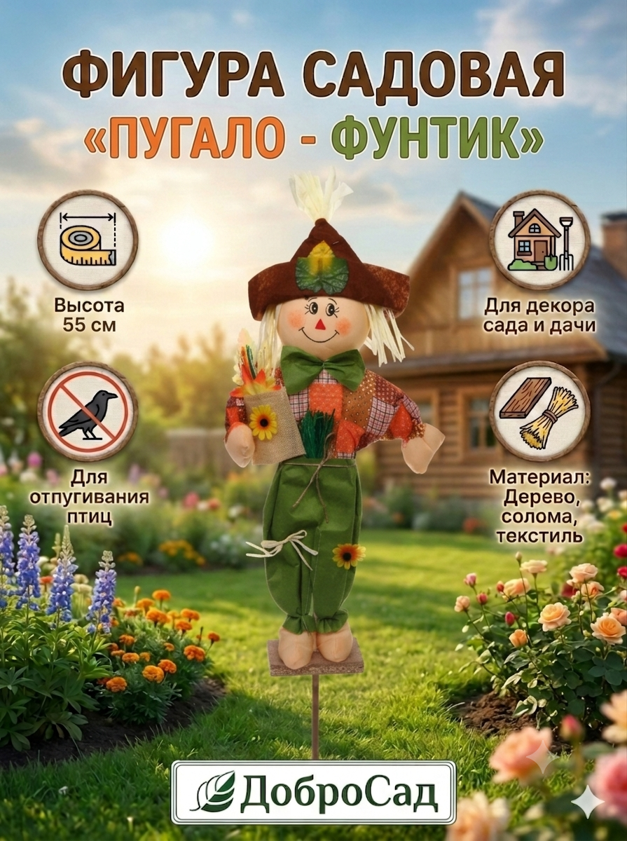 Пугало огородное «Пугало-Фунтик», текстиль и солома/ Декор для огорода и дачи / Отпугиватель птиц "ДоброСад"