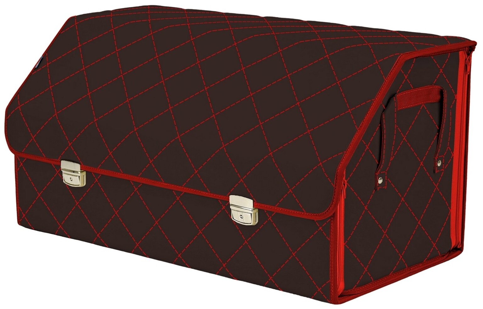 Органайзер-саквояж в багажник "Союз Премиум" (размер XL Plus). Цвет: коричневый с красной прострочкой Ромб.