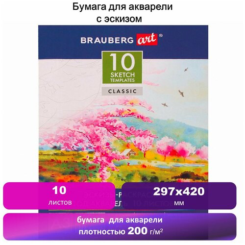 Папка для акварели С эскизом, большая А3, 10 л,200 г/м2, BRAUBERG, 110065, 3 шт.