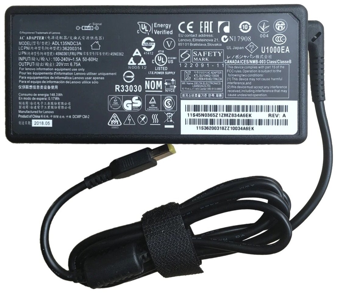 Блок питания для Lenovo 20V 6.75A 135W (штекер Flat,прямоугольный разъем)