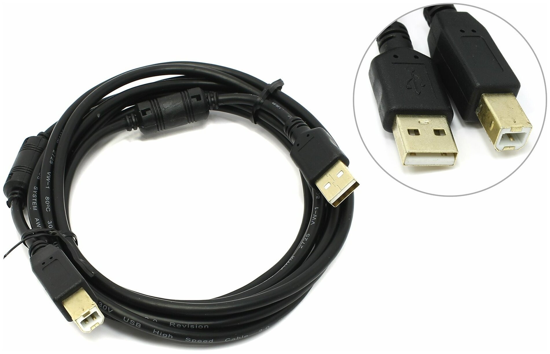 фото Кабель USB2.0 Am-Bm 5Bites UC5010-030A Pro позолоченные разъемы 2 феррита - 3 метра