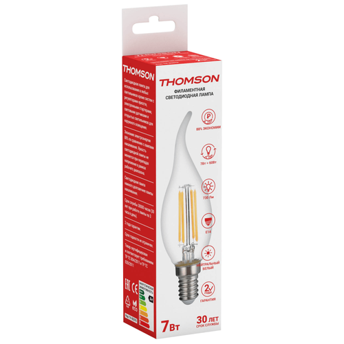 Лампа филаментная Thomson E14, свеча на ветру, 7Вт, 4500К, белый нейтральный, TH-B2076, одна шт.