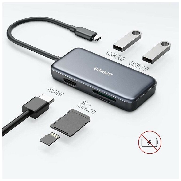 Адаптер Anker A8334 USB-C Хаб (5-в-1) серый