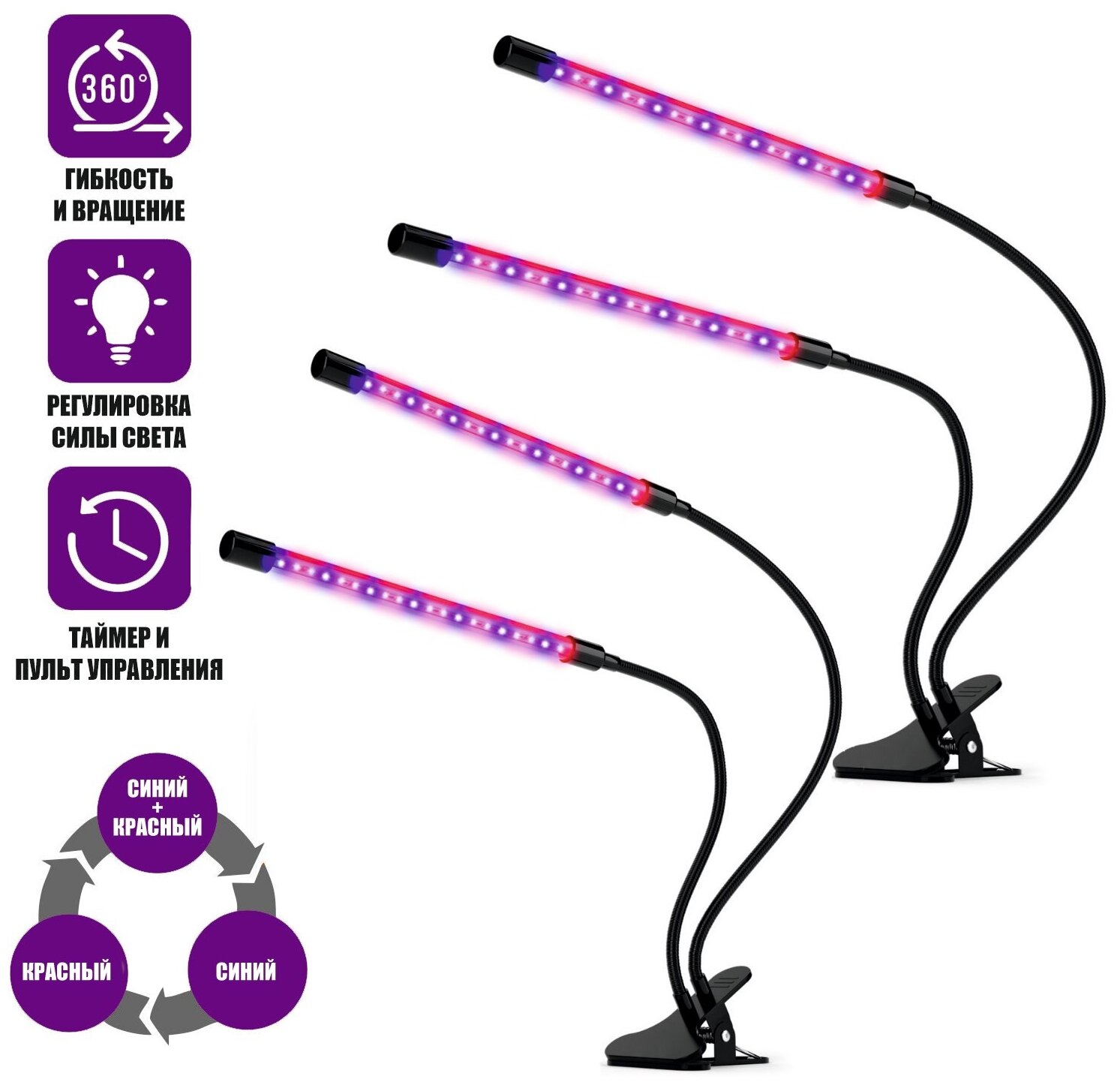 Фитолампа из 2 панелей светодиодный светильник для растений с регулируемым зажимом 2 шт