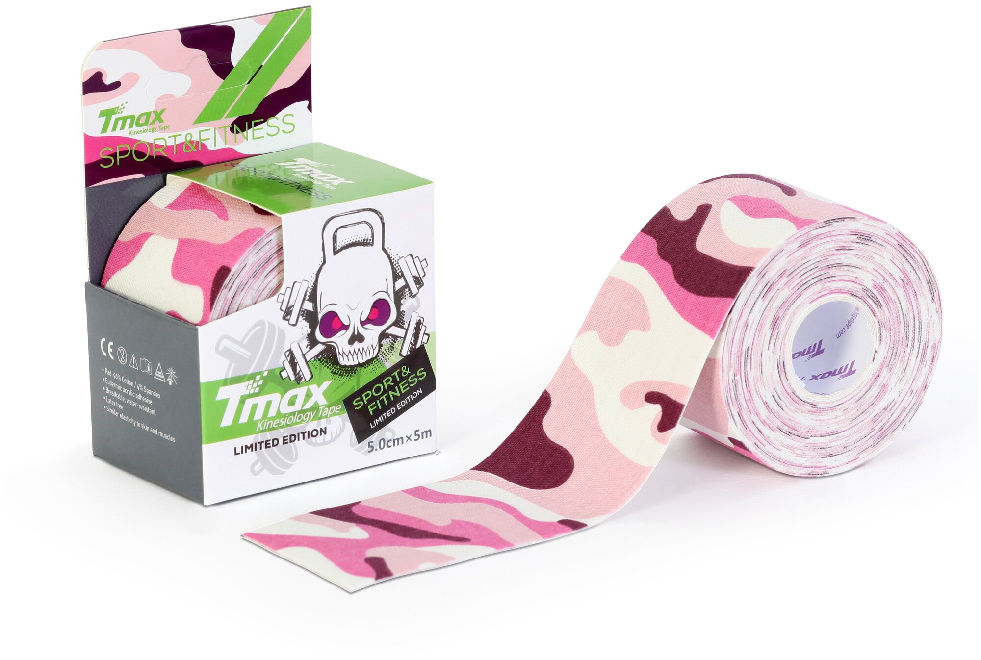 Кинезио тейп хлопок дизайнерский Tmax Pattern Camouflaged 5см x 5м, розовый камуфляж