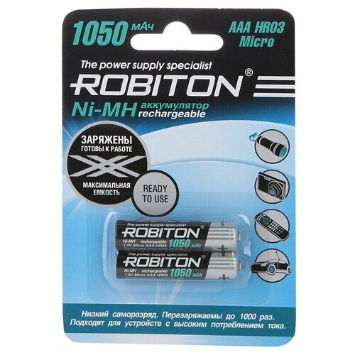 Аккумулятор AAA - Robiton 1050 mAh RTU1050MH-2 BL2 13117 (2 штуки) MH1050AAA аккумулятор крона robiton rtu 270 мач mh 1 bl1