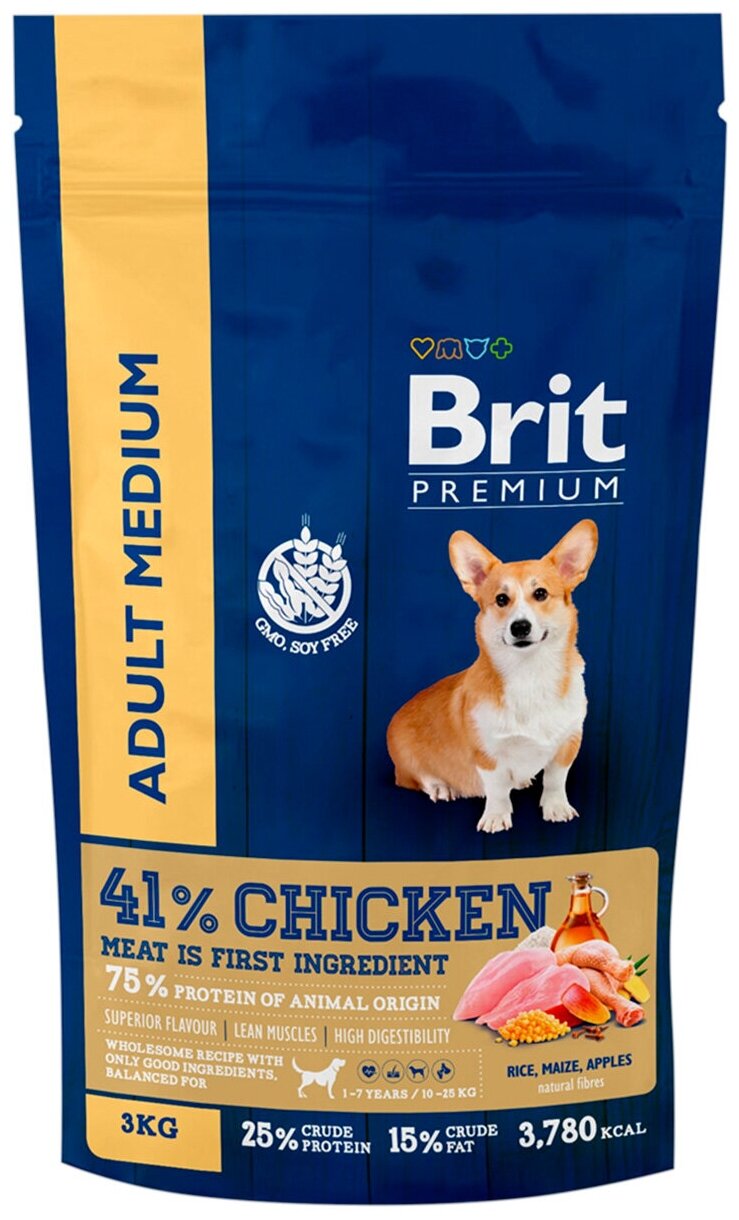 BRIT PREMIUM DOG ADULT MEDIUM для взрослых собак средних пород с курицей (1 кг)