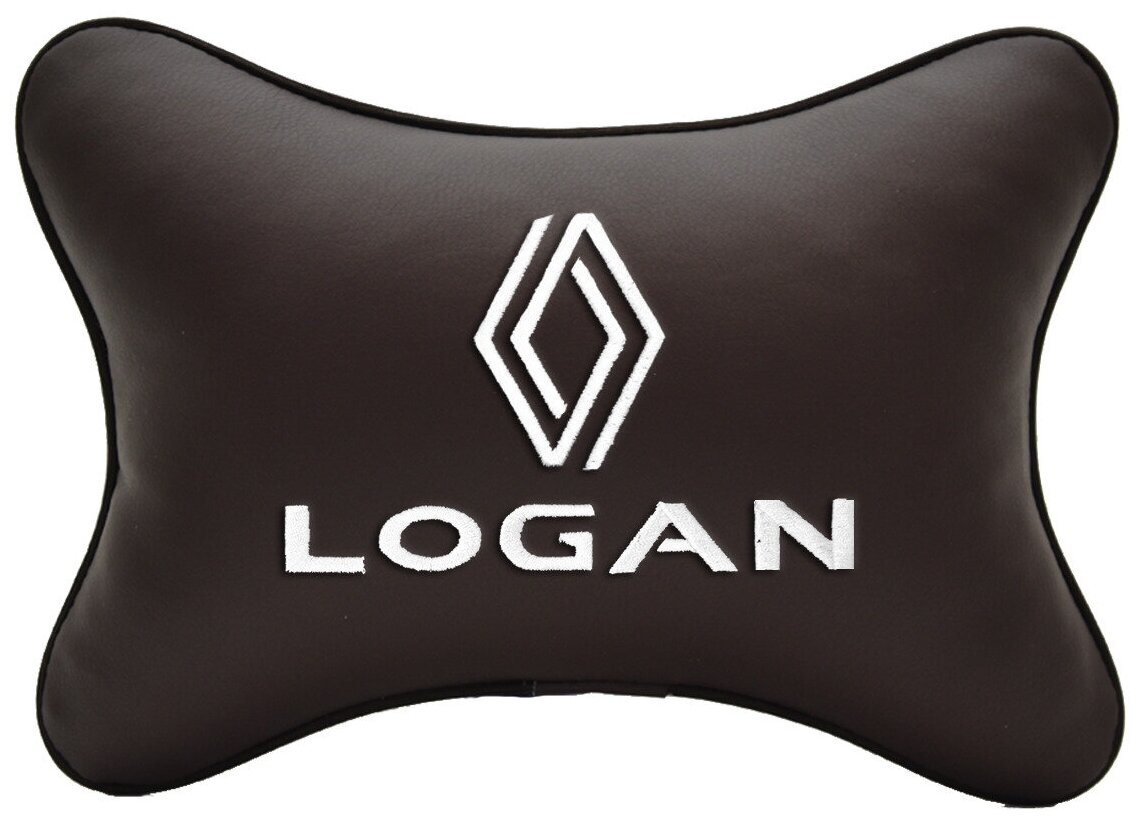 Автомобильная подушка на подголовник экокожа Coffee с логотипом автомобиля RENAULT LOGAN