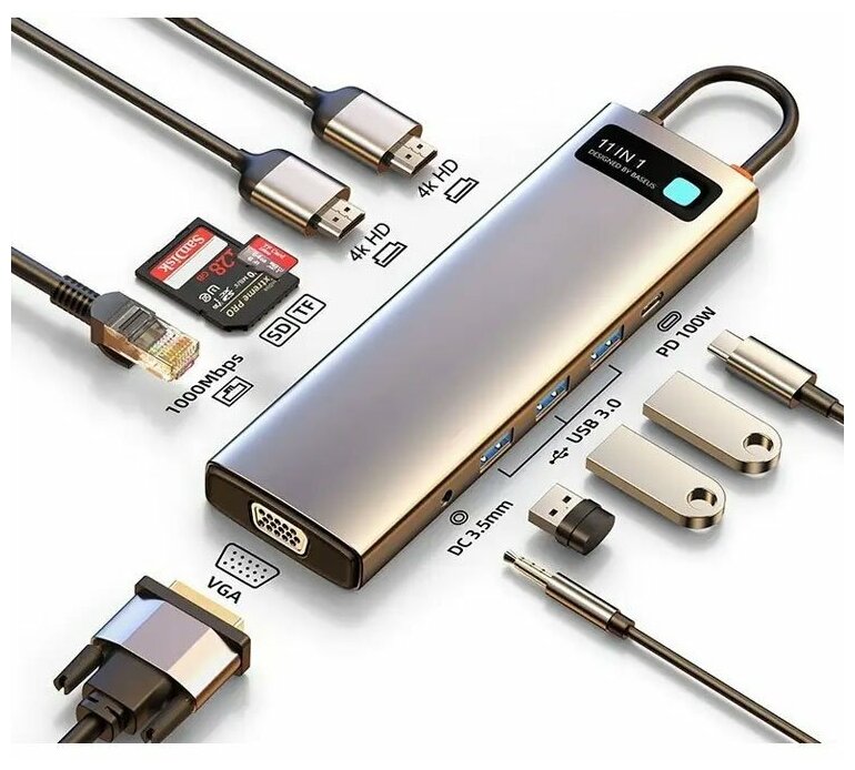 Хаб Baseus Metal Gleam Series 11-in-1 Multifunctional Type-C HUB Docking Station Space Gray CAHUB-CT0G