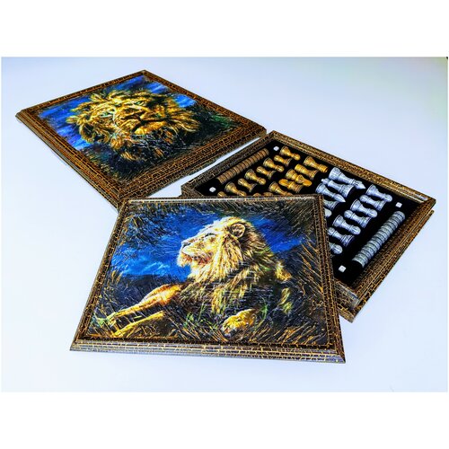 Шахматы шашки нарды длинные короткие 3в1, подарочные, Царь зверей Лев, ручной работы, деревянные большие 65х55см, эксклюзивные фигуры фишки