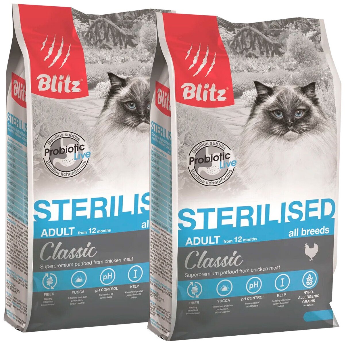 BLITZ CLASSIC ADULT CAT STERILISED CHICKEN для взрослых кастрированных котов и стерилизованных кошек с курицей (2 + 2 кг)