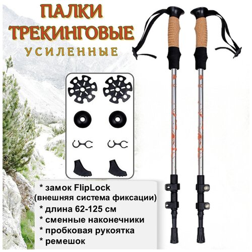 фото Трекинговые палки складные/ палки для скандинавской ходьбы ecos trekking poles алюминиевые, замок flip-lock, пробковая рукоятка, ремешок, серебристые