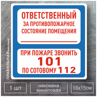 Знак-Наклейка В-02 (Ответственный за противопожарное состояние помещения / При пожаре звонить 101) Ответственный за пожарную безопасность