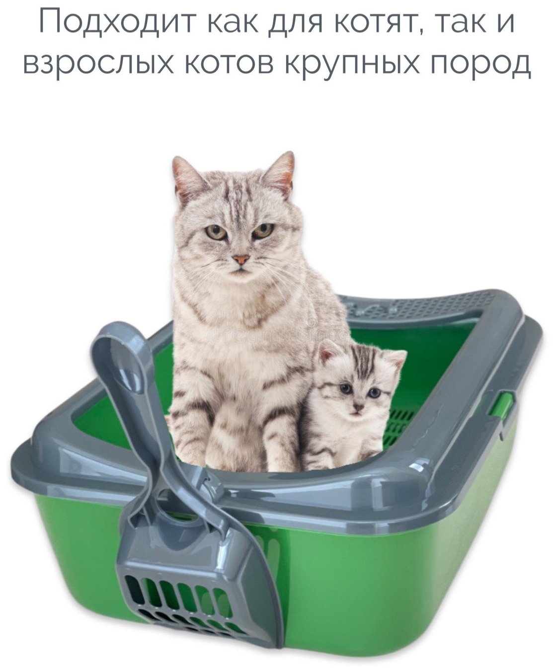 Туалет для кошек, лоток с сеткой и совком, зеленый с серым бортом, 39х30х13,5 см - фотография № 4