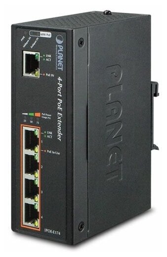 Удлинитель Planet IPOE-E174 промышленный, IP30 1-Port GE 60W Ultra POE to 4-Port 802.3af/at (-40 to 75 C)