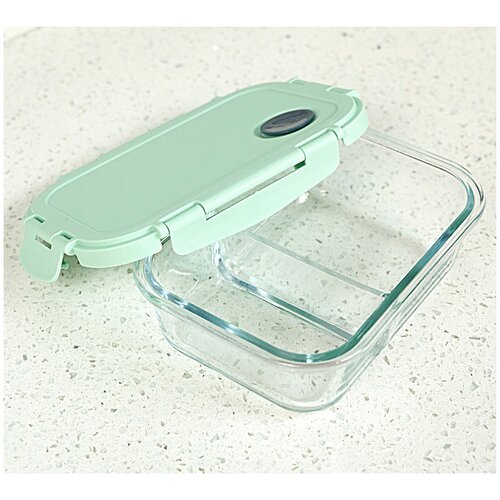 Ланч бокс для еды с собой стеклянный с секциями, для обедов, пищевой, герметичный, для школьника, на работу, контейнер с крышкой,голубой,640 мл,ОБЕD