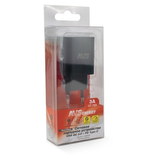 Сетевое зарядное устройство USB 2 порта AVS UT-723 (USB QC 3.0+PD Type C), A40872S комплект 5 штук зарядное устройство сетевое deppa 2хusb a usb c pd qc 3 0 30w черный