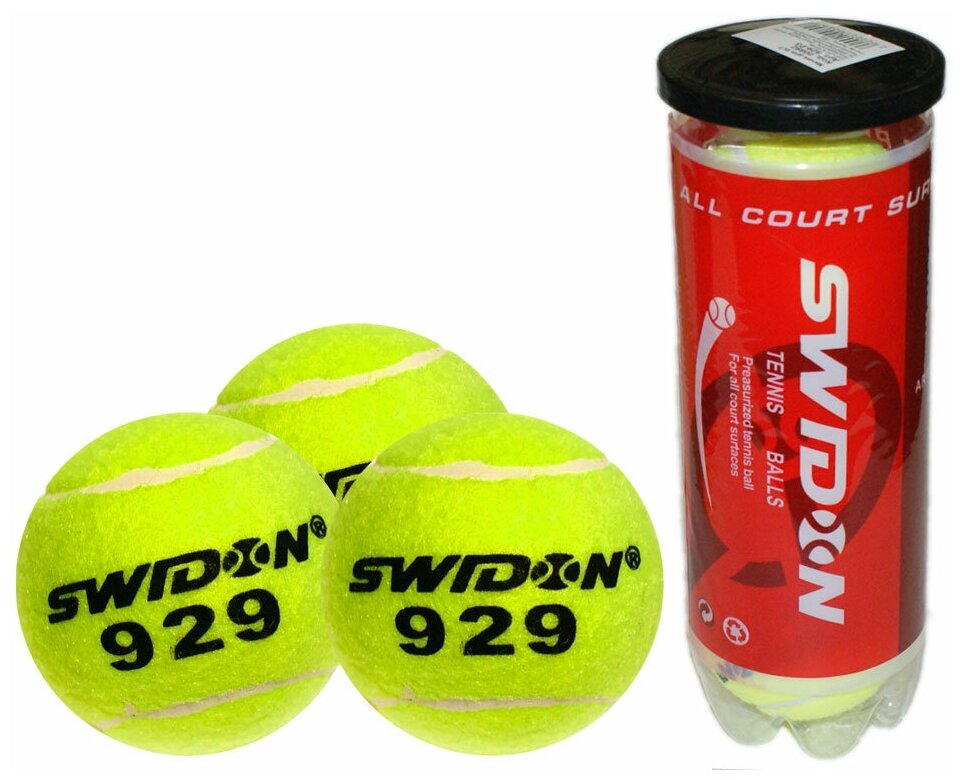 Мяч для большого тенниса SWIDON 929, набор из 3 штук, в тубе, желтые