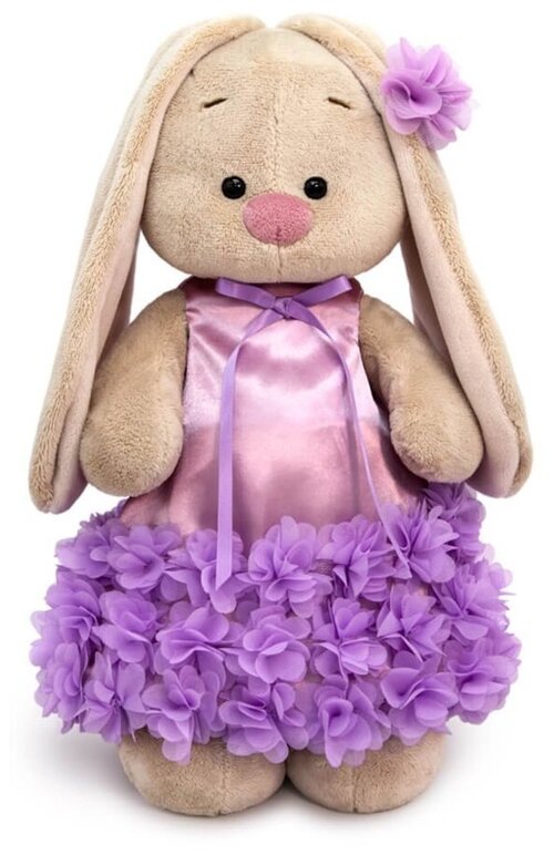 Зайка Ми в платье с оборкой из цветов, 25 см, бежевый/фиолетовый