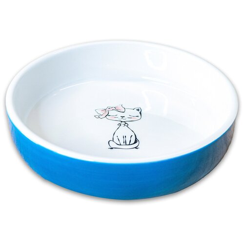 КерамикАрт миска керамическая для кошек кошка с бантиком 370 мл, голубая миска керамическая 110 мл голубая