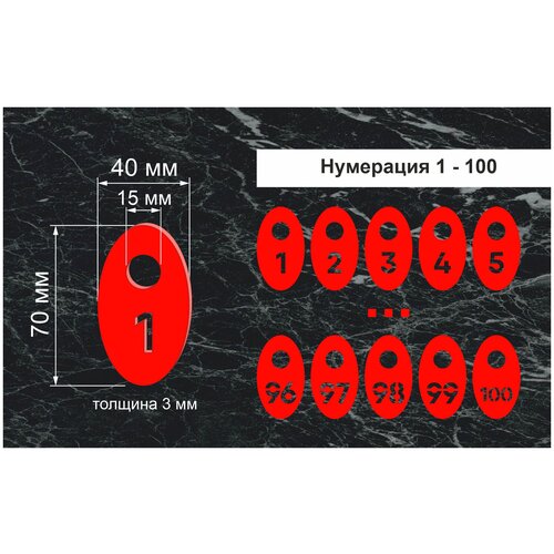 Номерки гардеробные, От 1 до 100, Размер 40х70мм, 100шт, Толщина 3мм, CVT, Овальные, Круглое ушко 15мм, Цветной акрил