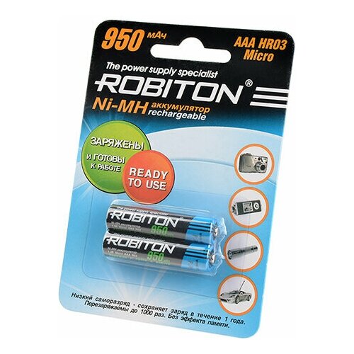 Аккумуляторные батарейки (мизинчиковые) AAA (LR03) 950 mAh, 1.2 V ROBITON, NiMH, предзаряженные, в упаковке 2 штуки аккумуляторные батарейки robiton hr20 7000mah 7000mhd ni mh sr2